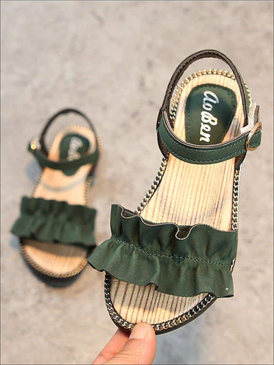 Girls Ruffled Applique Buckle Strap Spring Sandals - Green / 1 - Girls Sandals