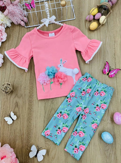 Girls Ruffled Bunny Mesh Floral Top and Capri Leggings Set - Pink / 2T - Girls Spring Casual Set