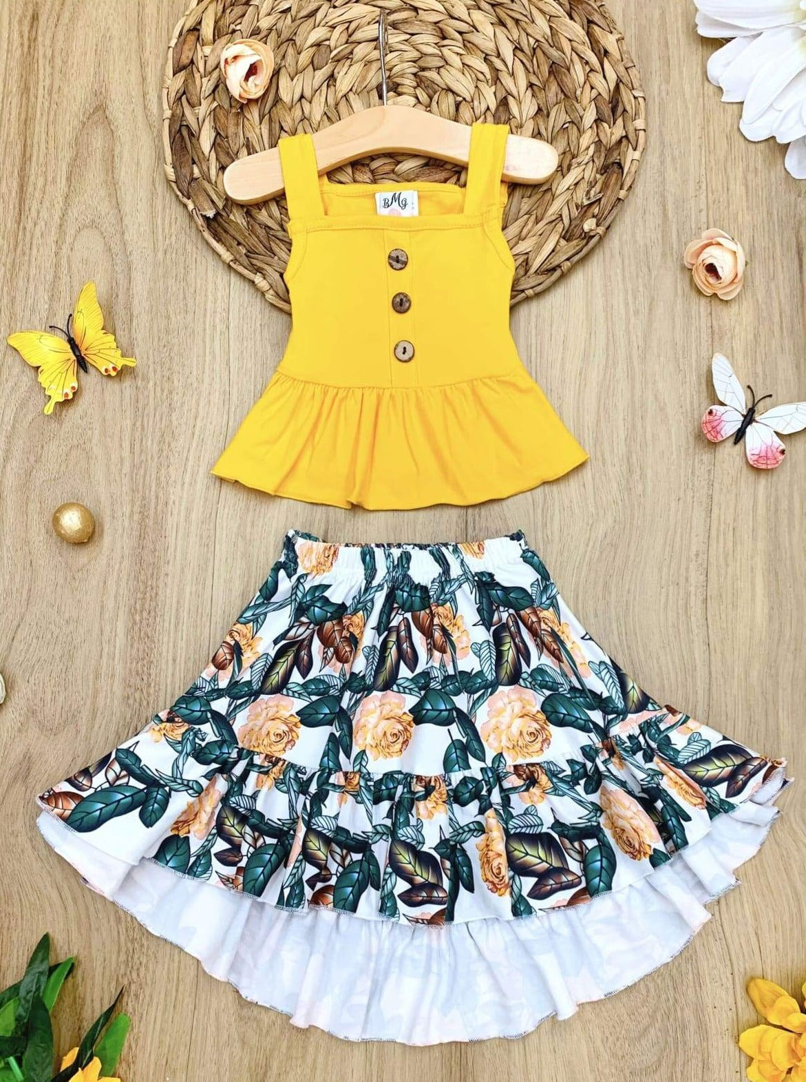 Spring Toddler Outfit | Girls Ruffled Button Top & Floral Hi-Lo Skirt