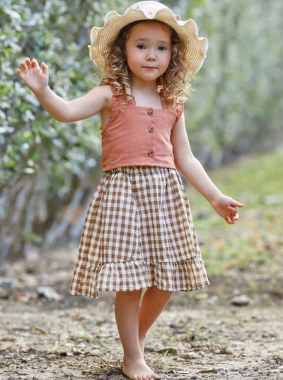 Girls Ruffled Buttoned Crop Top and Gingham Skirt Set - Girls Spring Casual Set