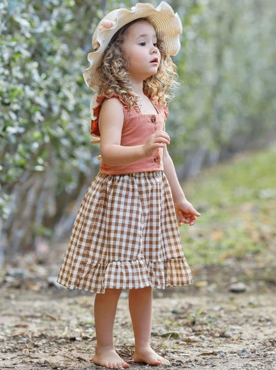Girls Ruffled Buttoned Crop Top and Gingham Skirt Set - Girls Spring Casual Set