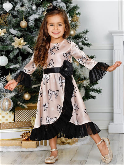 Winter Dressy Dresses | Girls 3/4 Sleeves Lace Hem Satin Dress