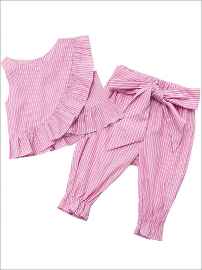 Girls Ruffled Faux Wrap Sleeveless Top & Bow Tie Tapered Pants - Pink / 2T - Girls Spring Casual Set