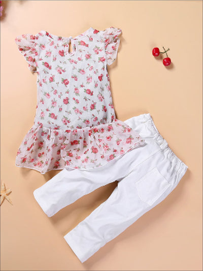 Girls Floral Print Ruffle Tunic & White Pants Set - Mia Belle Girls
