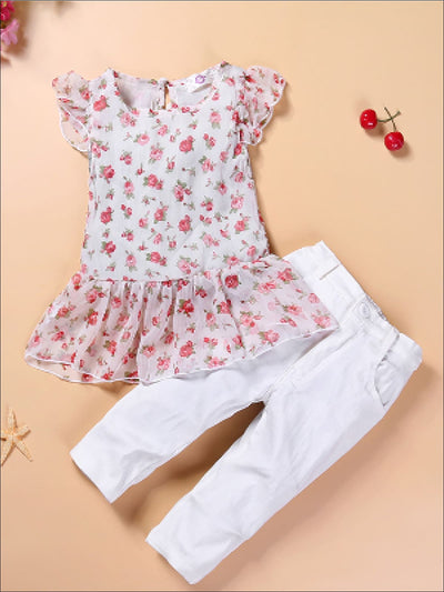 Girls Floral Print Ruffle Tunic & White Pants Set - Mia Belle Girls