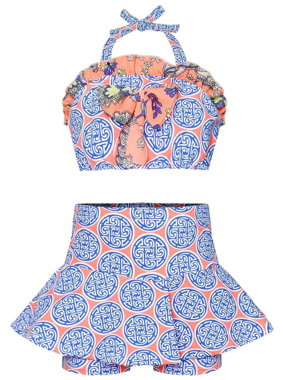 Girls Ruffled Halter Neck Top with Bow & Skirted Shorts Two Piece Swimsuit - Blue / 2T/3T - Girls Two Piece Swimsuit