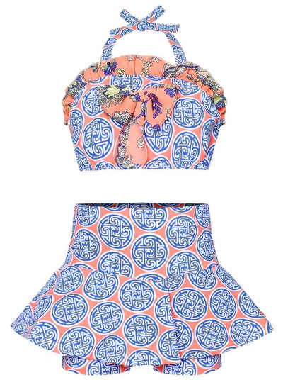 Girls Ruffled Halter Neck Top with Bow & Skirted Shorts Two Piece Swimsuit - Blue / 2T/3T - Girls Two Piece Swimsuit