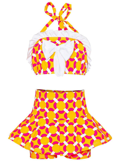 Girls Ruffled Halter Neck Top with Bow & Skirted Shorts Two Piece Swimsuit - Orange / 2T/3T - Girls Two Piece Swimsuit