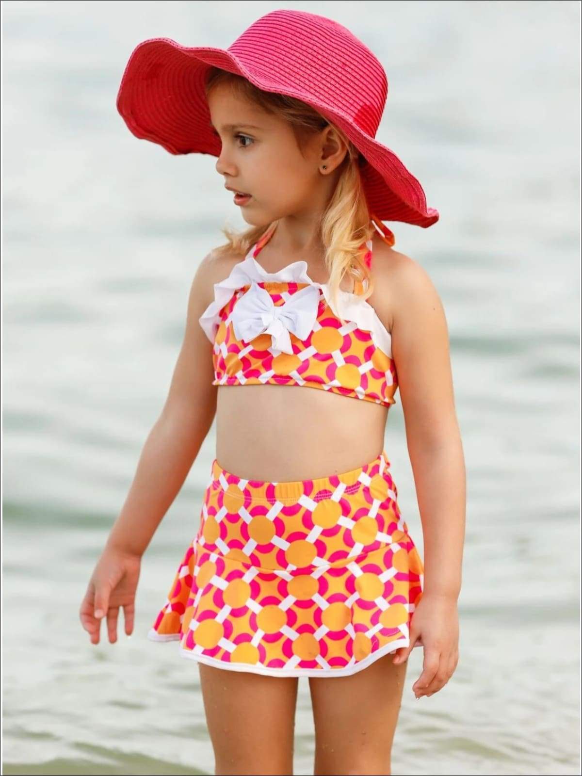 Girls Ruffled Halter Neck Top with Bow & Skirted Shorts Two Piece Swimsuit - Girls Two Piece Swimsuit