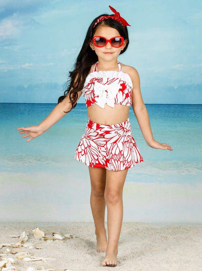 Girls Ruffled Halter Neck Top with Bow & Skirted Shorts Two Piece Swimsuit - Girls Two Piece Swimsuit
