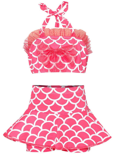 Girls Ruffled Halter Neck Top with Bow & Skirted Shorts Two Piece Swimsuit - Pink / 2T/3T - Girls Two Piece Swimsuit