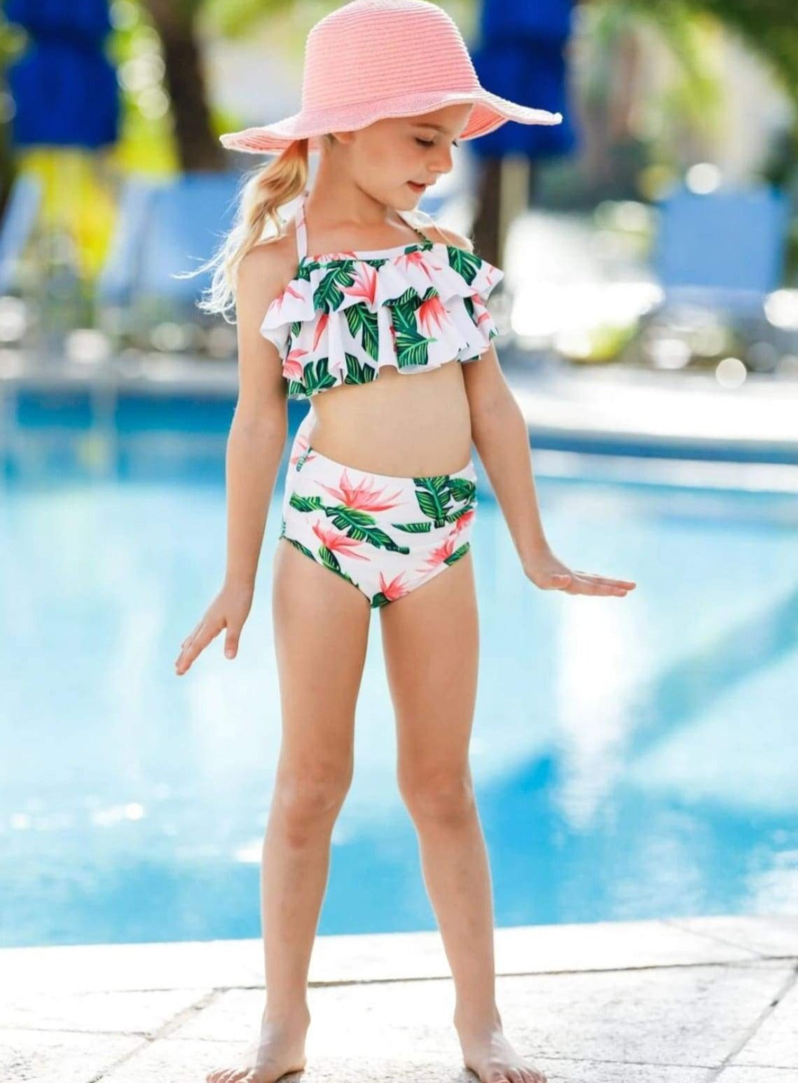 Kids Swimsuits  Girls Ruffle Halter Top High Waist Two Piece Swimsuit –  Mia Belle Girls