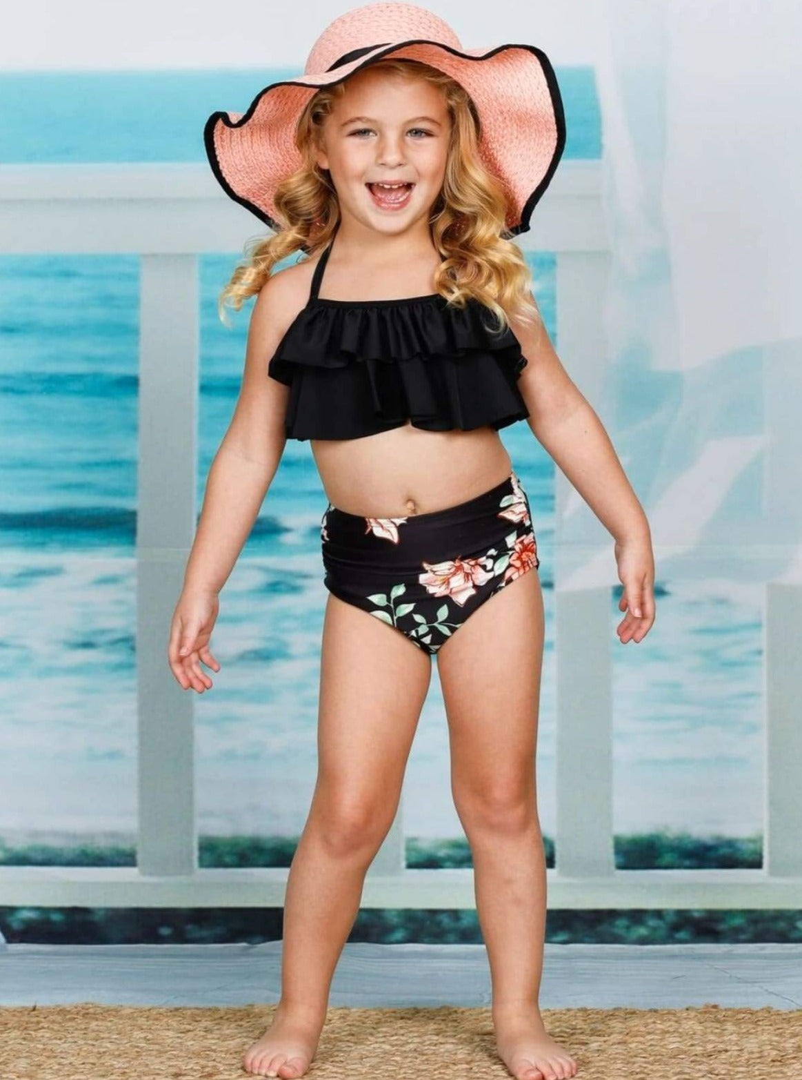 Kids Swimsuits  Girls Ruffle Halter Top High Waist Two Piece
