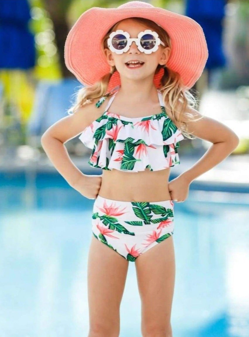 Kids Swimsuits | Girls Ruffle Halter Top High Waist Two Piece Swimsuit