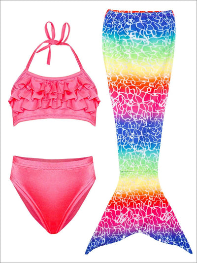 Girls Ruffled Halter Top Mermaid Two Piece Swimsuit With Multicolor Tail Skirt Cover Up - Multicolor / 3T/4T - Girls Mermaid Swimsuit