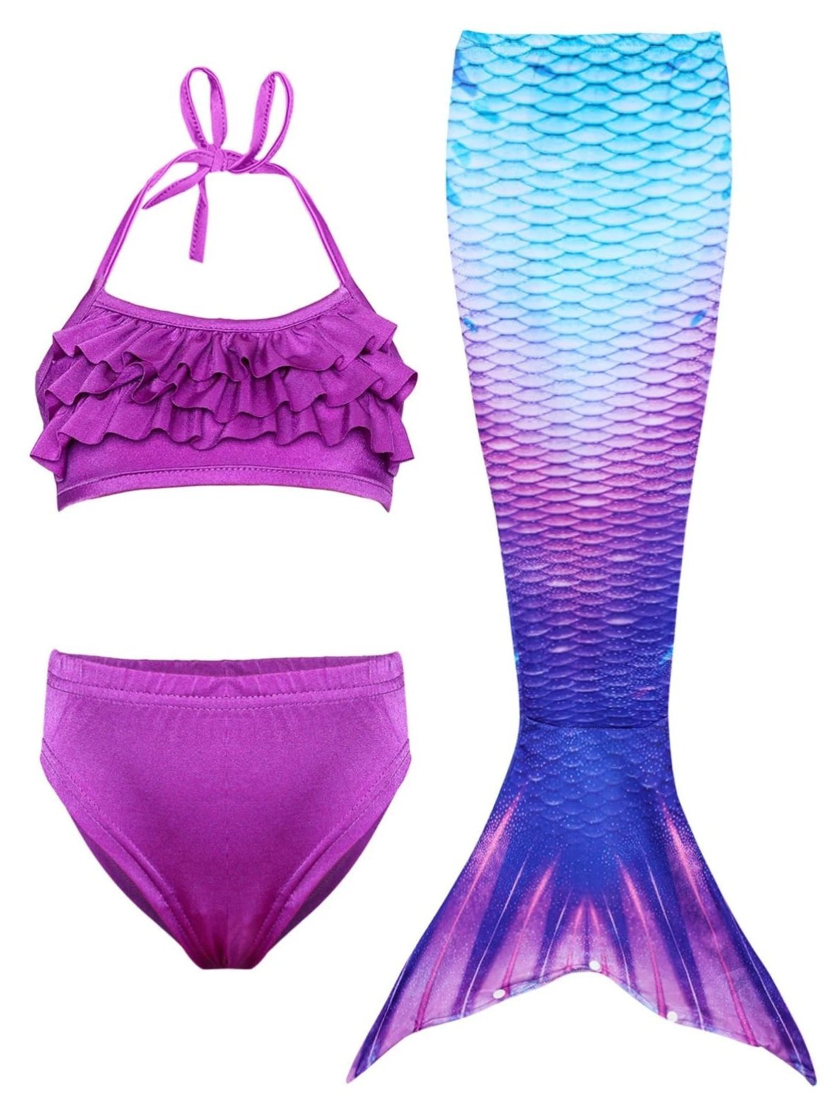 Girls Ruffled Halter Top Mermaid Two Piece Swimsuit With Multicolor Tail Skirt Cover Up - Purple / 3T/4T - Girls Mermaid Swimsuit