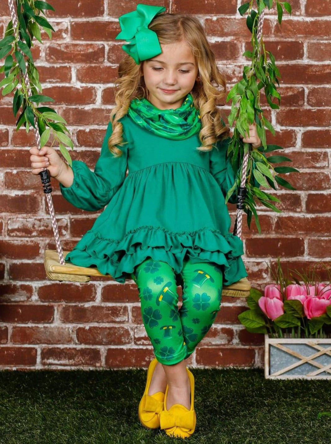Mia Belle Girls St. Patrick's Day Ruffled Tunic, Scarf And Legging Set