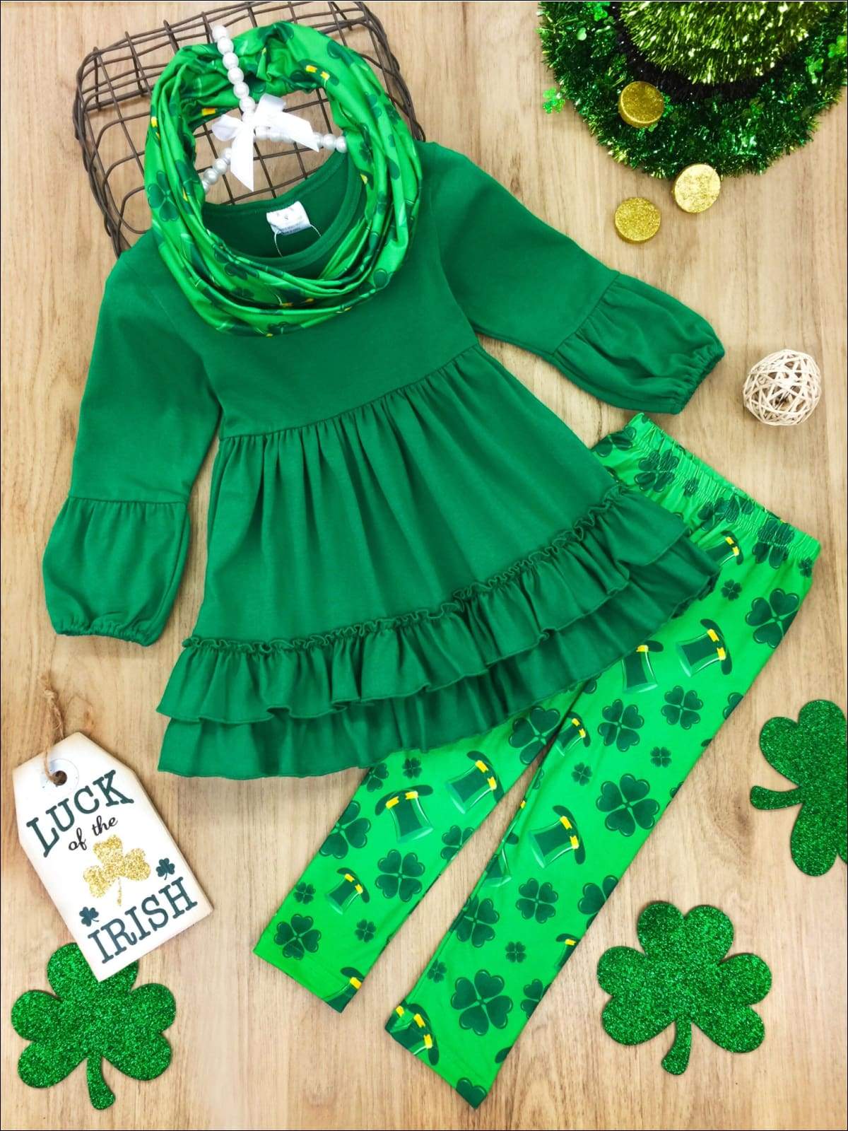 Mia Belle Girls St. Patrick's Day Ruffled Tunic, Scarf And Legging Set