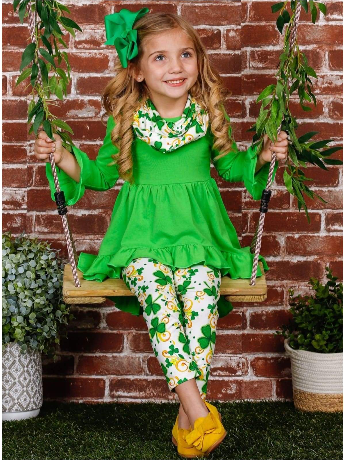 Girls Ruffled Hi-Lo Tunic Clover Swirl Print Leggings and Scarf Set - Green / 2T - Girls St. Patricks Set