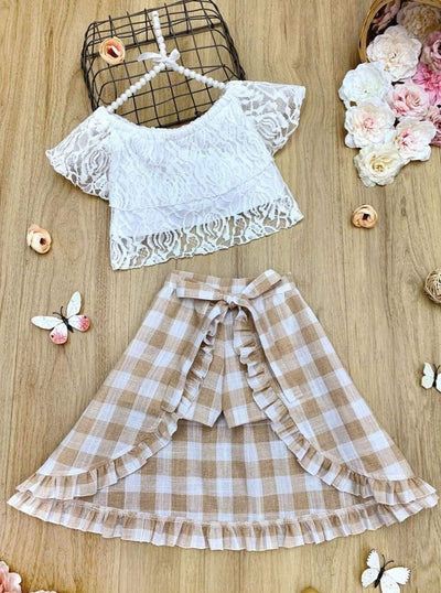 Girls Ruffle Lace Crop Top and Hi-Lo Skirted Shorts Set - Beige / 2T/3T - Girls Spring Casual Set