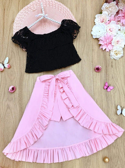 Girls Ruffle Lace Crop Top and Hi-Lo Skirted Shorts Set - Pink / 2T/3T - Girls Spring Casual Set