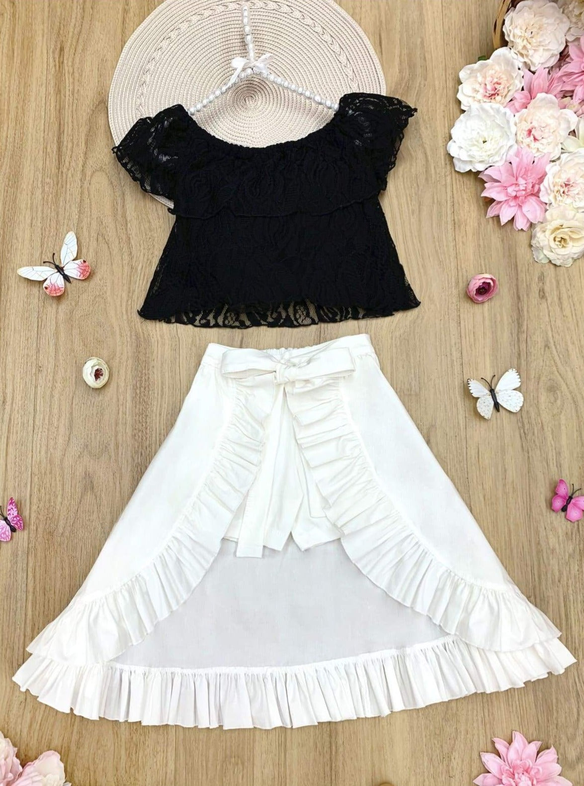 Girls Ruffle Lace Crop Top and Hi-Lo Skirted Shorts Set - White / 2T/3T - Girls Spring Casual Set