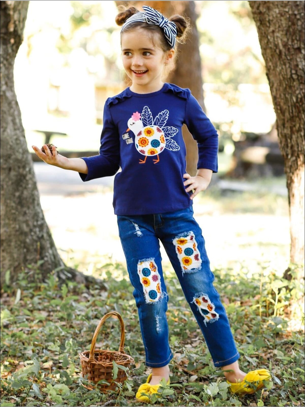 Girls Thanksgiving Turkey Top & Patched Jeans Set - Mia Belle Girls