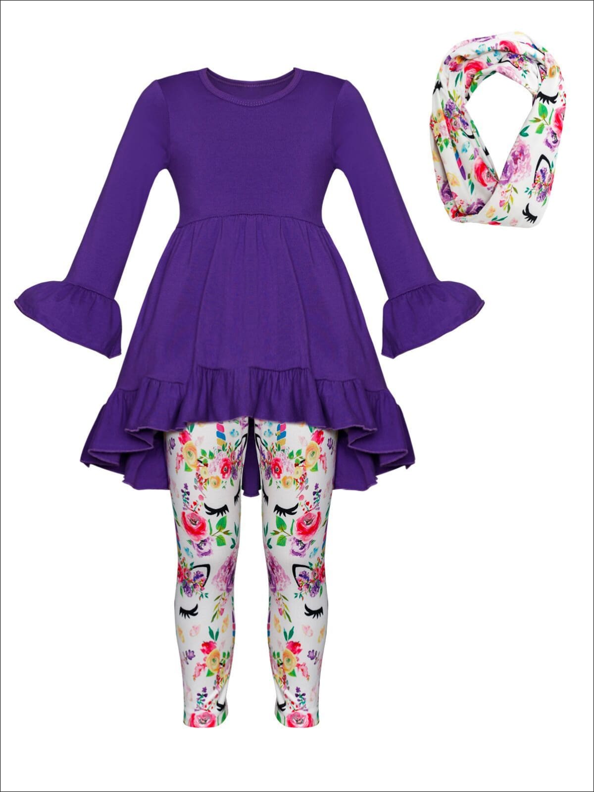 Girls Ruffled Long Sleeve Tunic Floral Unicorn Print Leggings & Scarf Set - Purple / XS-2T - Girls Fall Casual Set