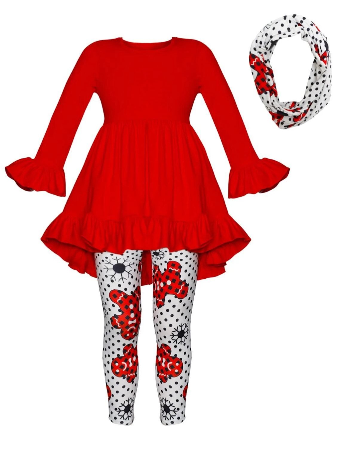 Girls Ruffled Long Sleeve Tunic Polka Dot Gingerbread Print Leggings & Scarf Set - Red / S-3T - Girls Fall Casual Set