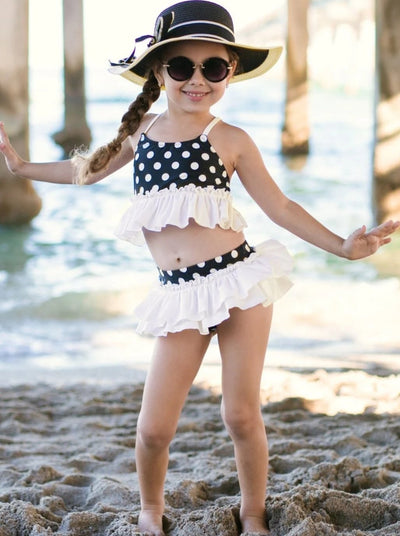 Girls Ruffled Polka Dot Two Piece Swimsuit with Matching Cover Up Jacket - Girls Two Piece Swimsuit