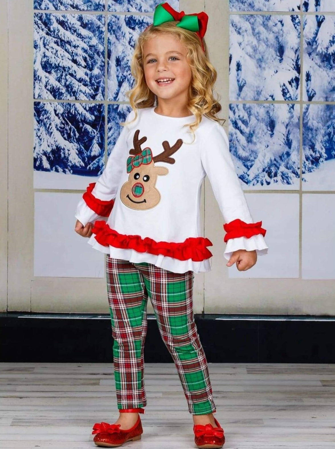 Girls Ruffled Rudolph Top and Plaid Leggings Set - Girls Christmas Set