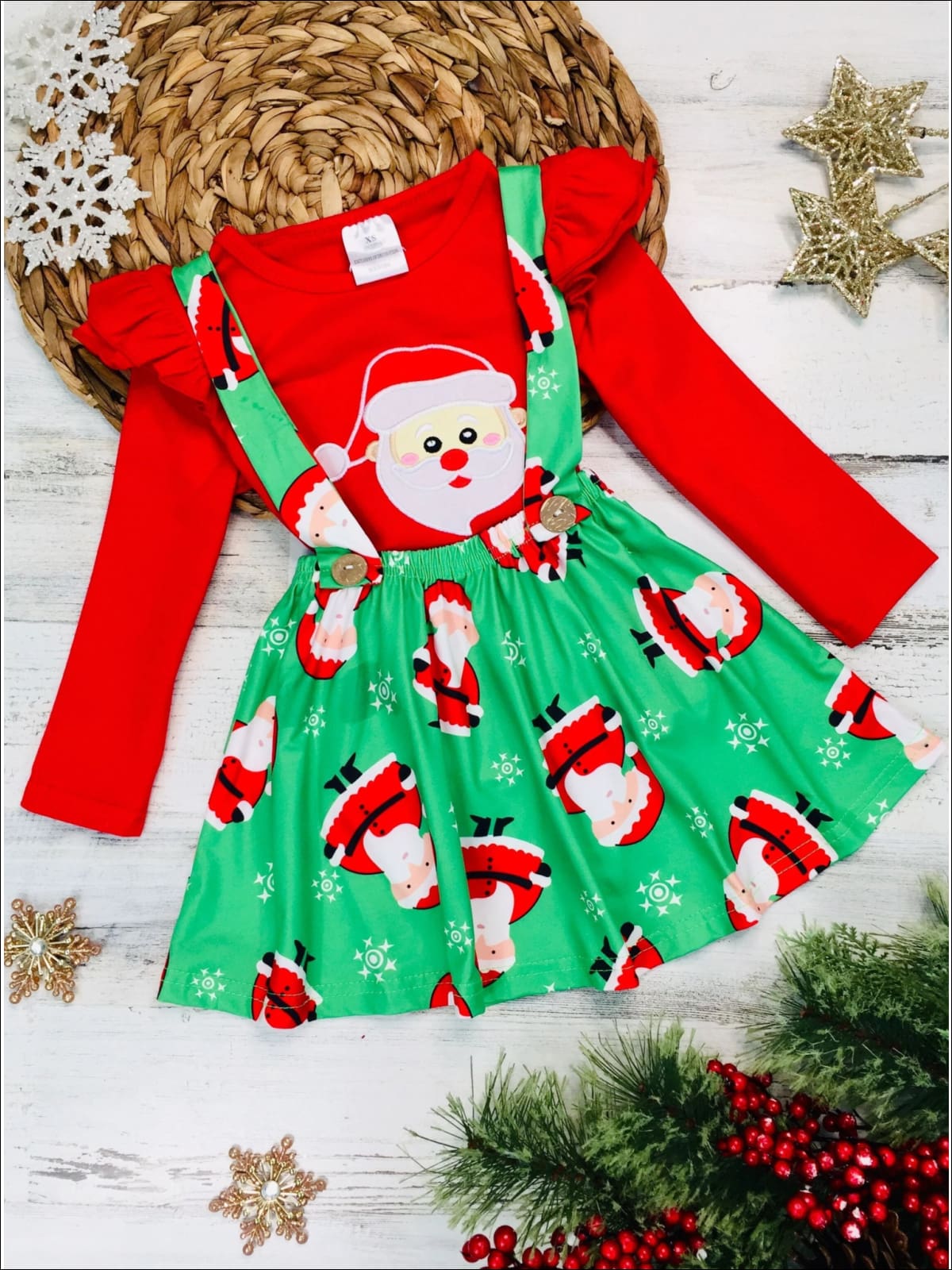 Girls Ruffled Shoulder Long Sleeve Applique Tunic & Printed Overall Dress Set - Girls Christmas Set