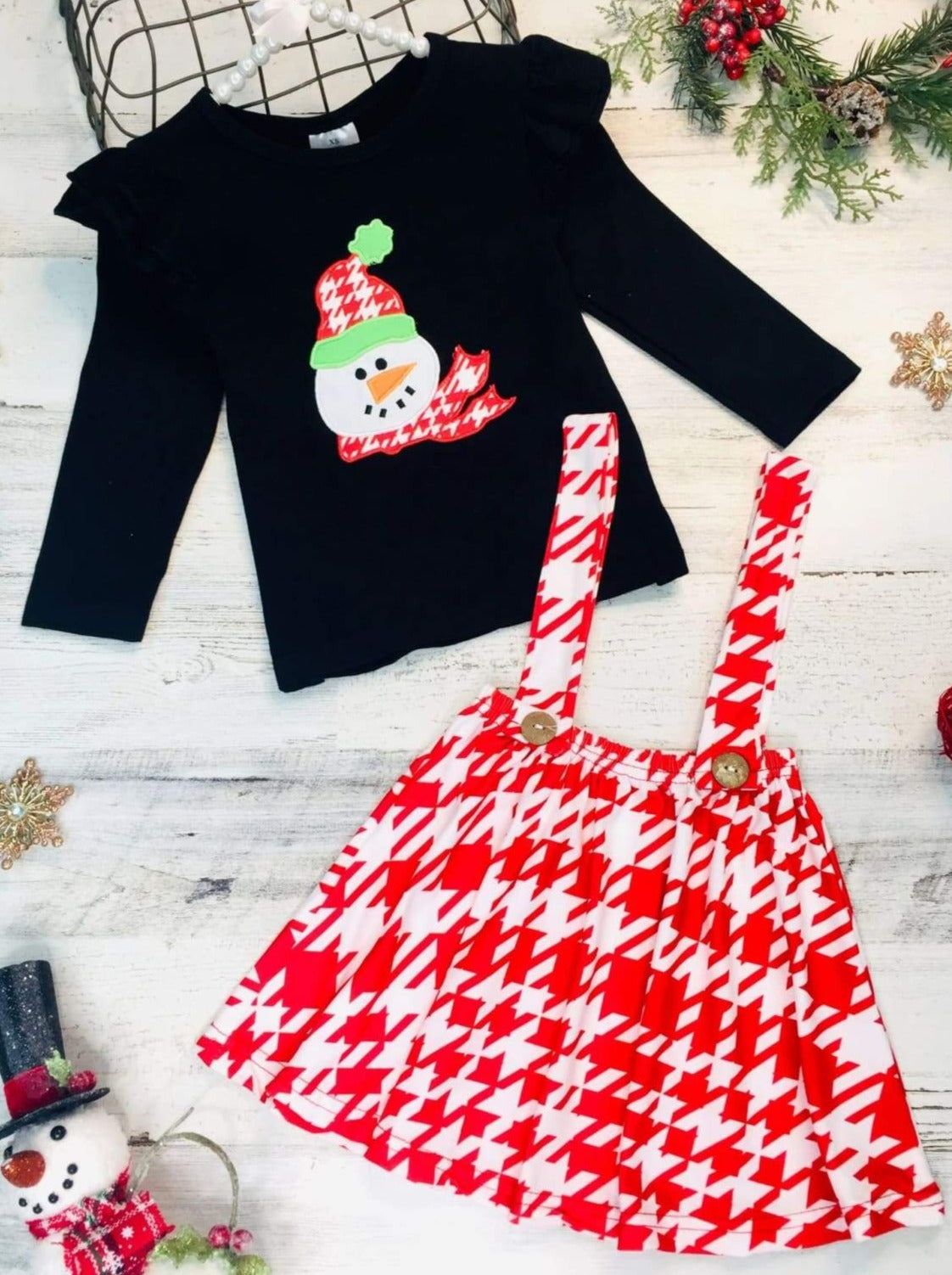 Girls Ruffled Shoulder Long Sleeve Applique Tunic & Printed Overall Dress Set - Black / 2T - Girls Christmas Set