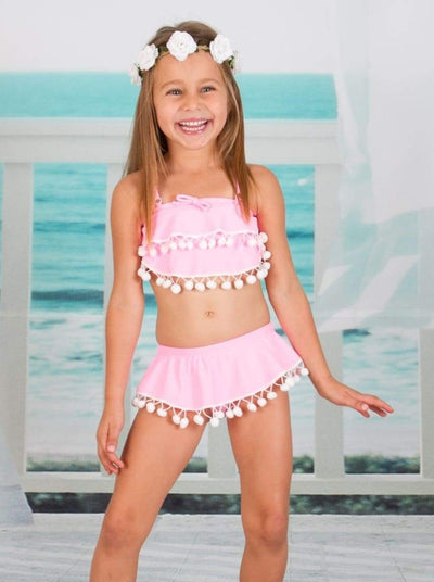 Girls Ruffled Skirted Two Piece Swimsuit with Pom Pom Trim - Girls Two Piece Swimsuit