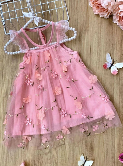 Girls Ruffled Floral Pink Lace Mesh Dress - Pink / 3T - Girls Spring Dressy Dress