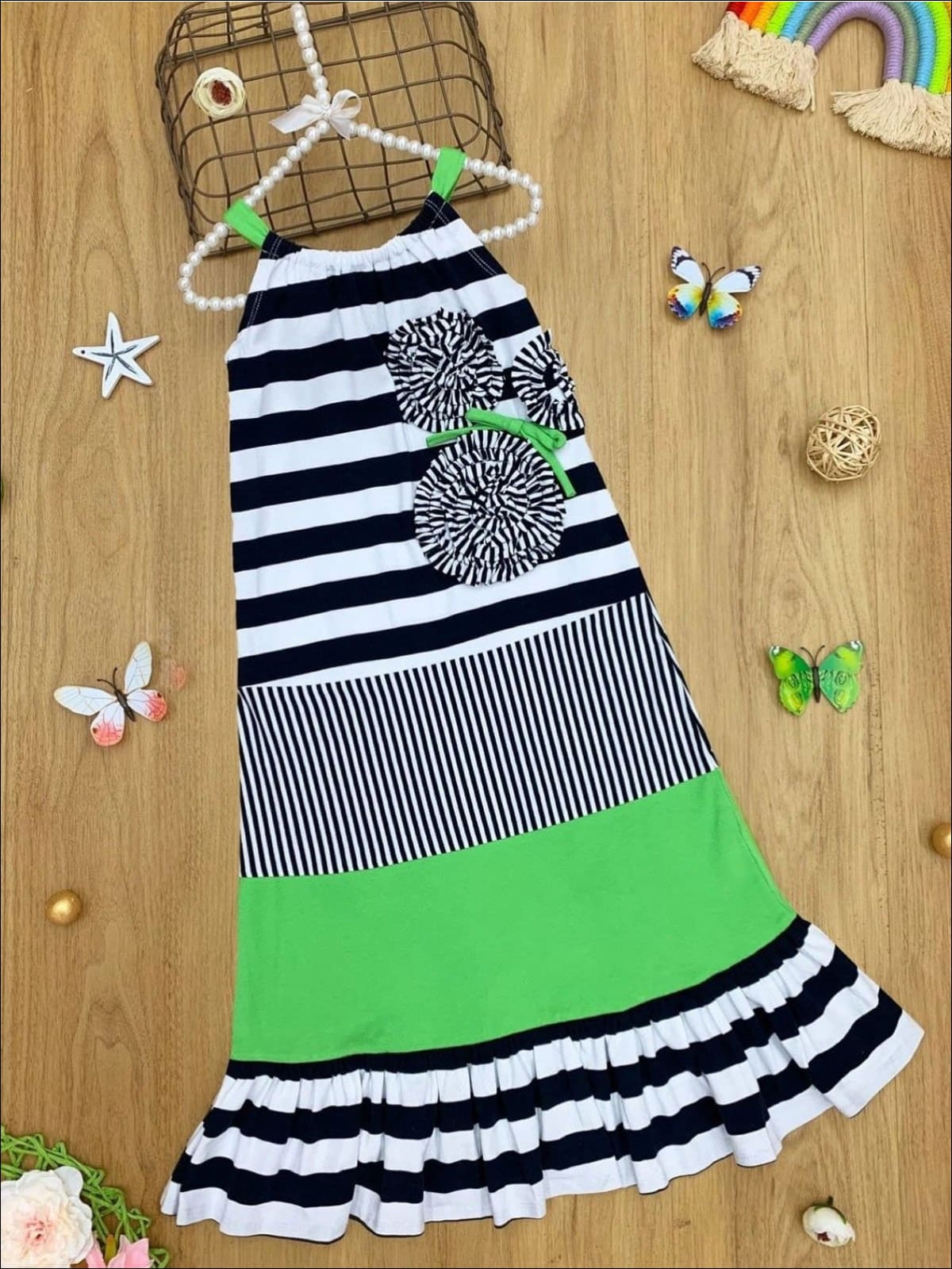 Girls Ruffled Striped Floral Halter Dress - Black / 4T - Girls Spring Casual Dress