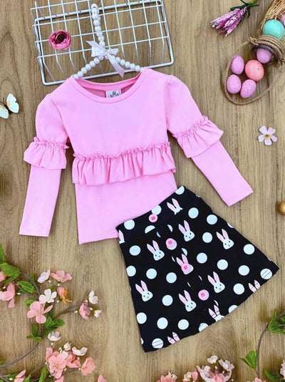 Causal Easter Outfits | Girls Pink Ruffled Top & Bunny Polka Dot Skirt