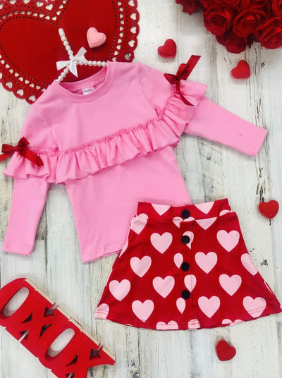 Toddler Valentine's Day Outfit | Girls Ruffled Top & Heart Skirt Set