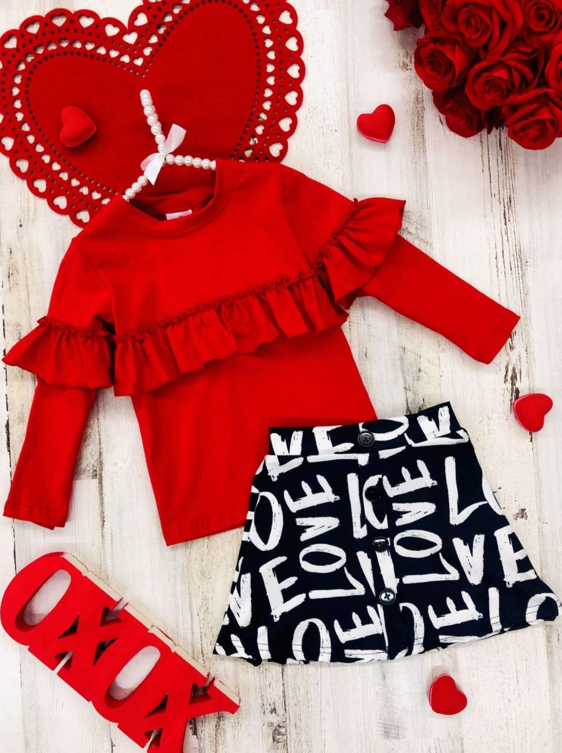 Kids Valentine's Clothes | Girls Ruffled Top & Love Buttoned Skirt Set