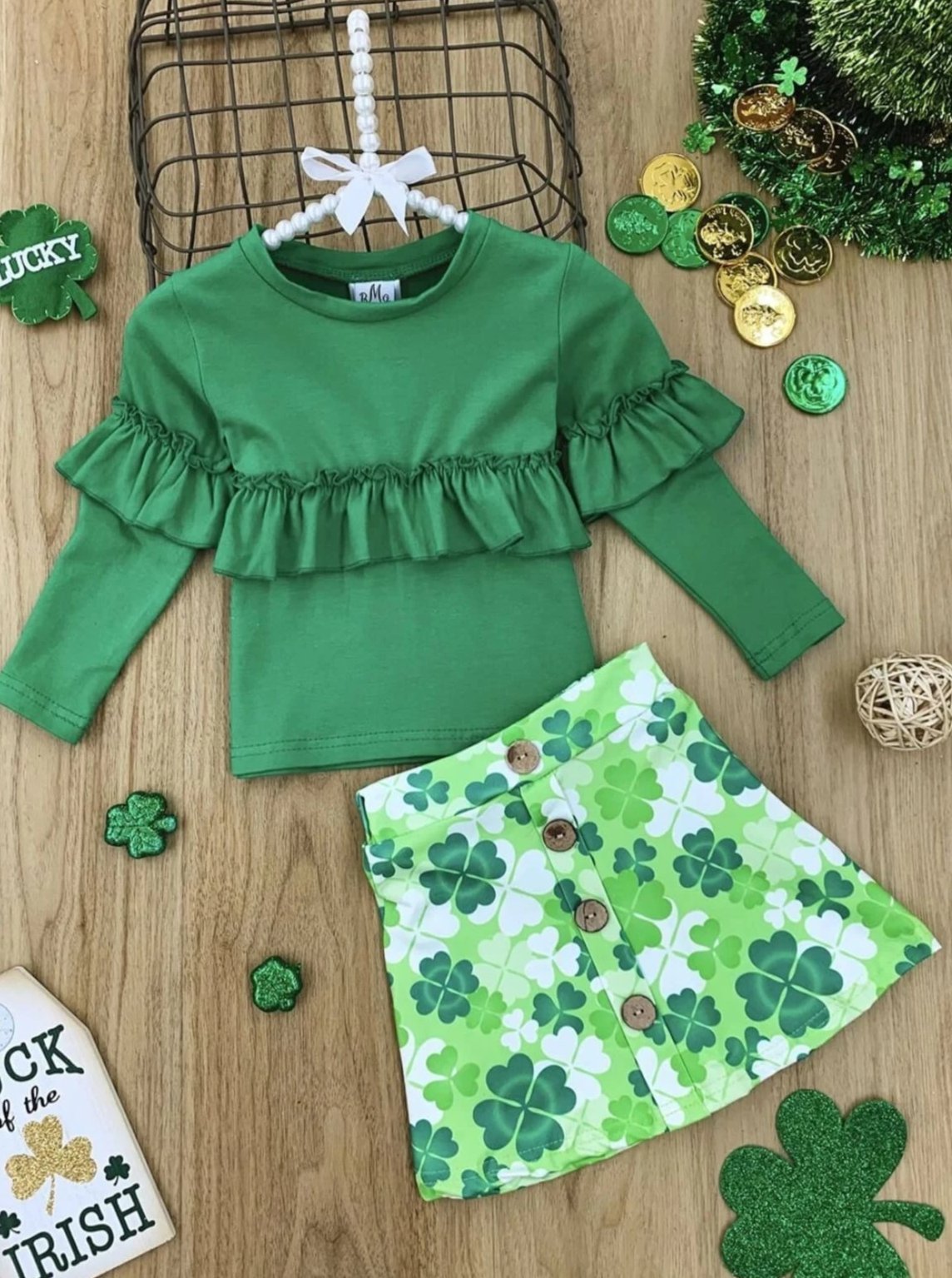 St. Patrick's Day Clothes | Girls Green Ruffled Top & Clover Skirt Set
