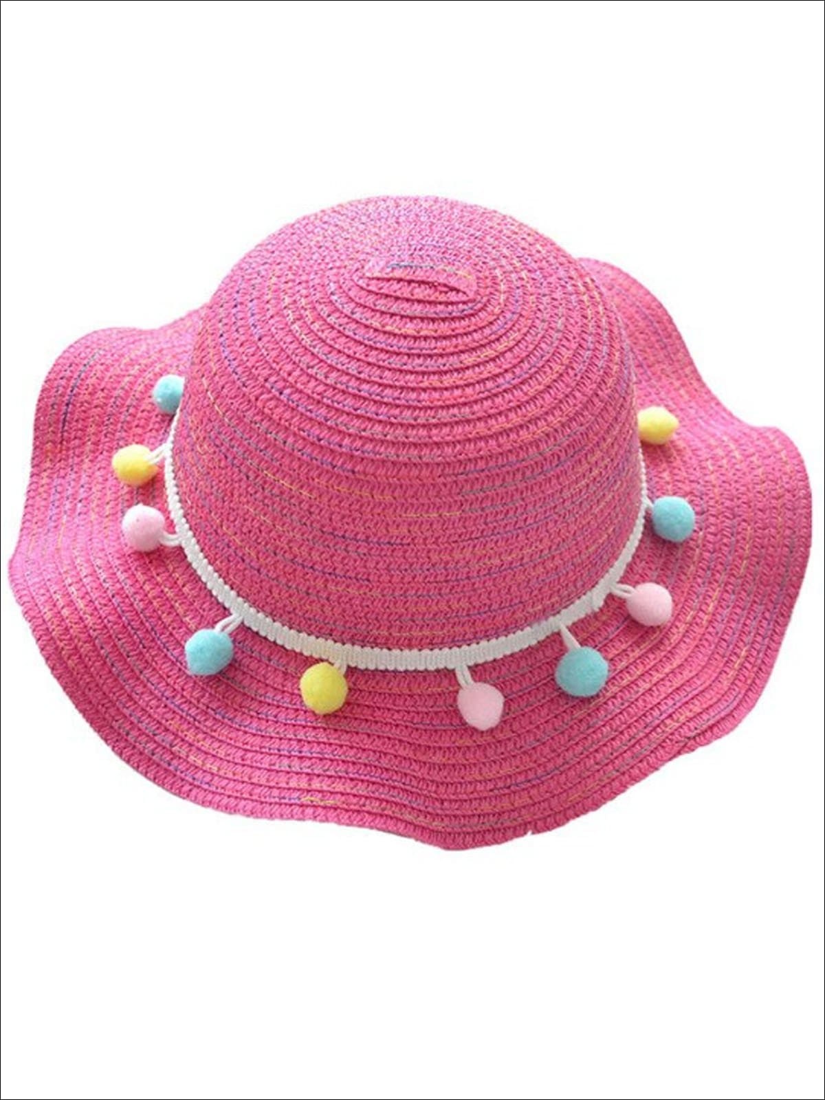 Girls Ruffled Wave Edge Pom Pom Banded Straw Hat - Hot Pink - Girls Hats