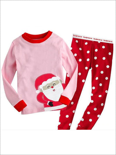 Girls Cute Winter Pajamas | Santa Claus Polka Dot Holiday Pajama Set