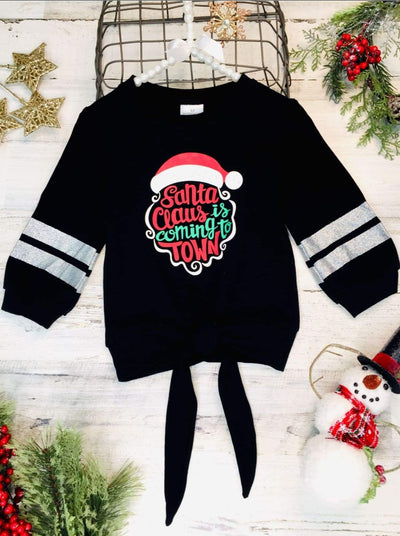 Girls Santa Clause is Coming to Town Knot Top - 2T / Black - Girls Christmas Top