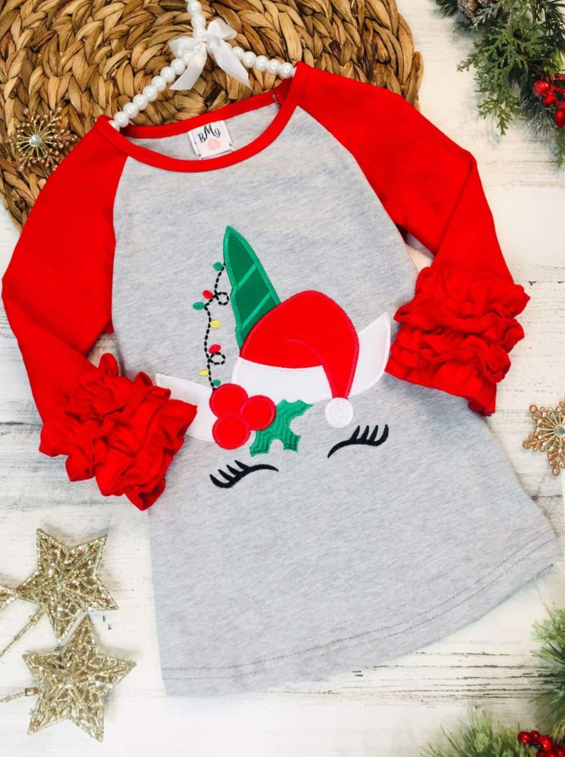 Girls Santa Elf Unicorn Ruffled Raglan Top - Red / 2T - Girls Christmas Top