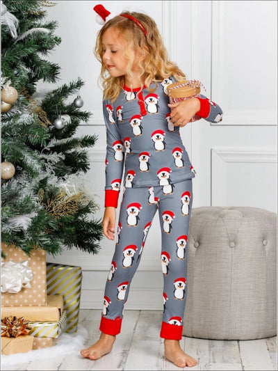 Kids Cute Winter Pajamas | Girls Christmas Penguin Pajama Set