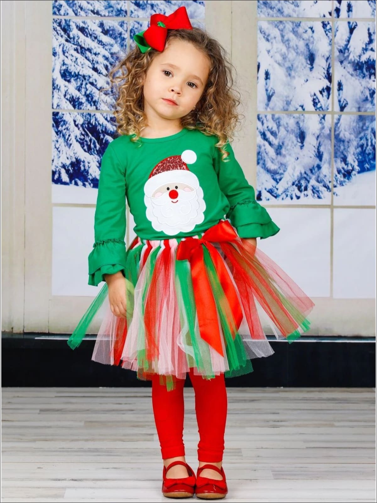 Girls Santa Ruffled Top & Tutu Bow Skirt Set - Girls Christmas Set