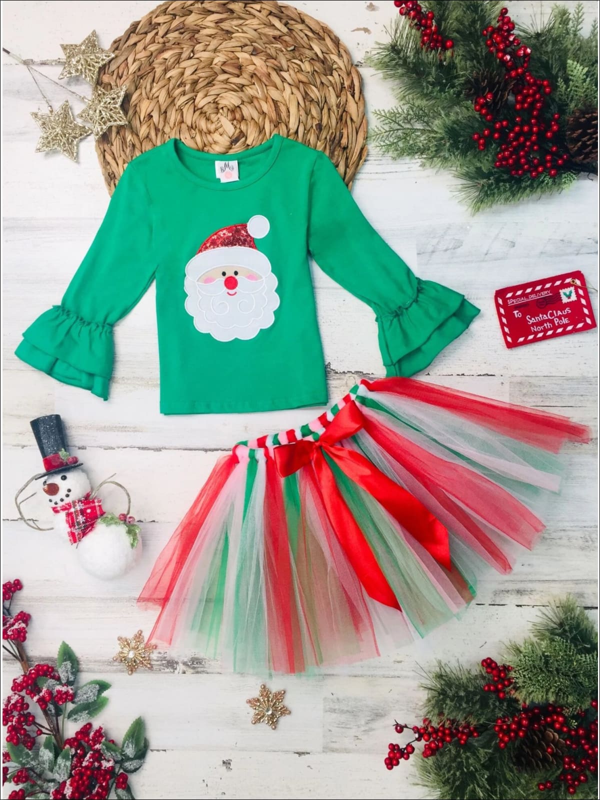 Girls Santa Ruffled Top & Tutu Bow Skirt Set - Green / 2T - Girls Christmas Set