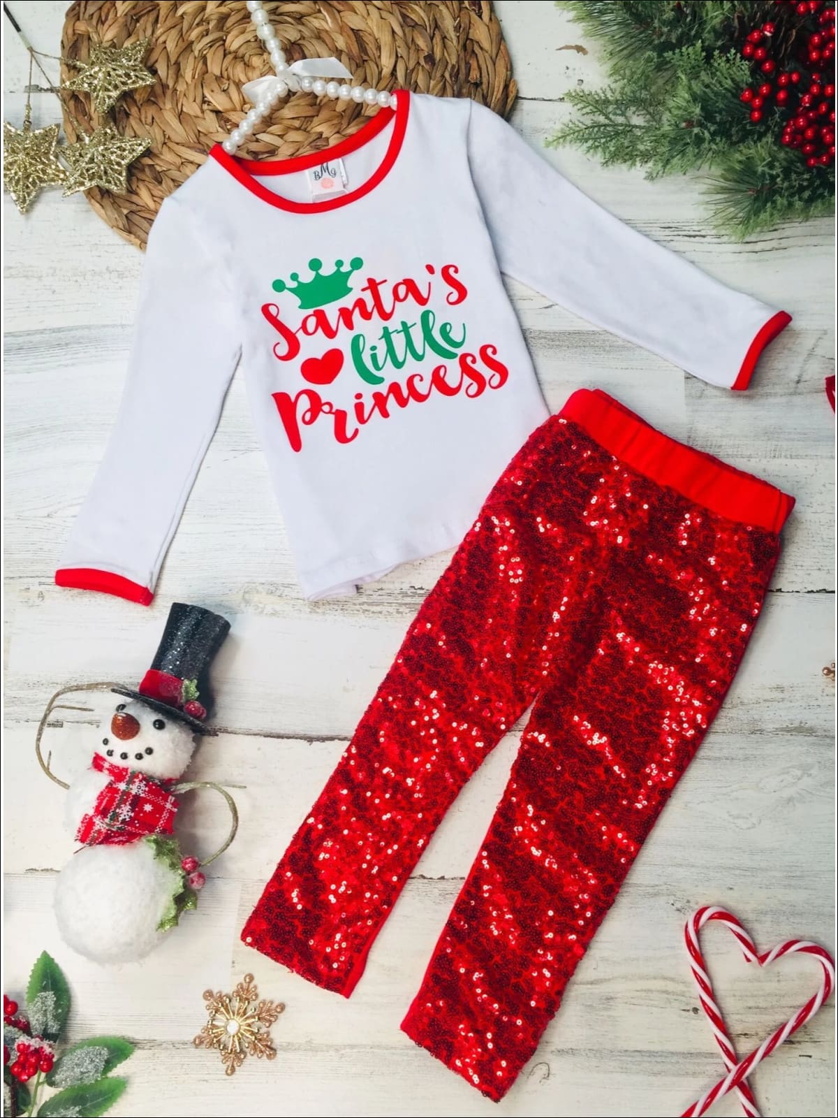 Girls Santas Little Princess Top and Sequin Leggings Set - Red / 2T - Girls Christmas Set