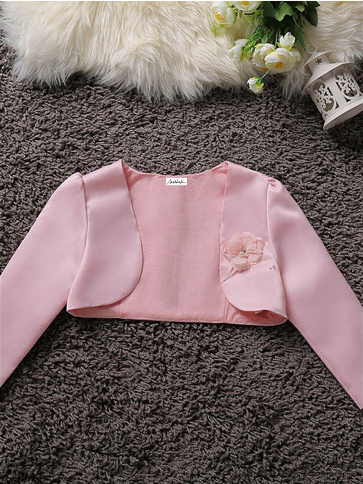 Girls Satin Flower Applique Bolero - Pink / 3T - Girls Jacket
