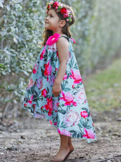 Girls Spring sleeveless satin hi-lo dress features an all-over floral print and flower applique- Girls Spring Dressy Dress